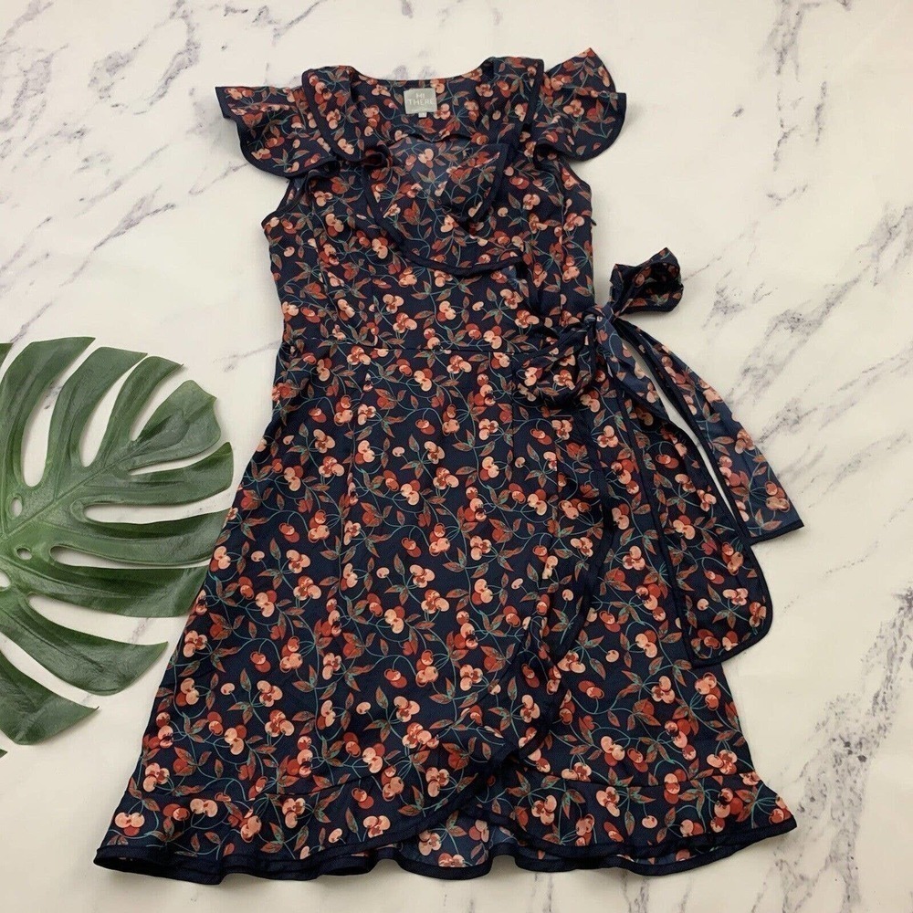 Hi There Karen Walker Wrap Dress Size 4 Blue Red Cherry Print Ruffle Trim Retro